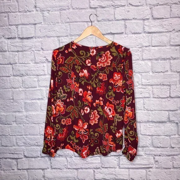 Ann Taylor LOFT XS Burgundy Floral Ruffle Keyhole Lace Inset Top Blouse Boho - Picture 4 of 6